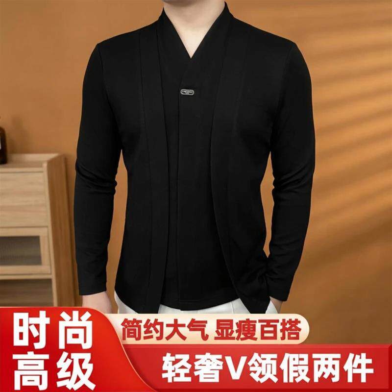 3慕君衣帅气有型新款轻奢V领假两件上衣-FN高品质假两件黑色卫衣