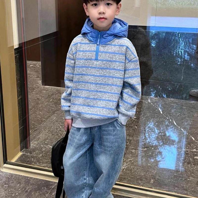 OLi欧佰利优选男童冬季加绒保Q暖条纹连帽卫衣2025新款秋冬小男孩