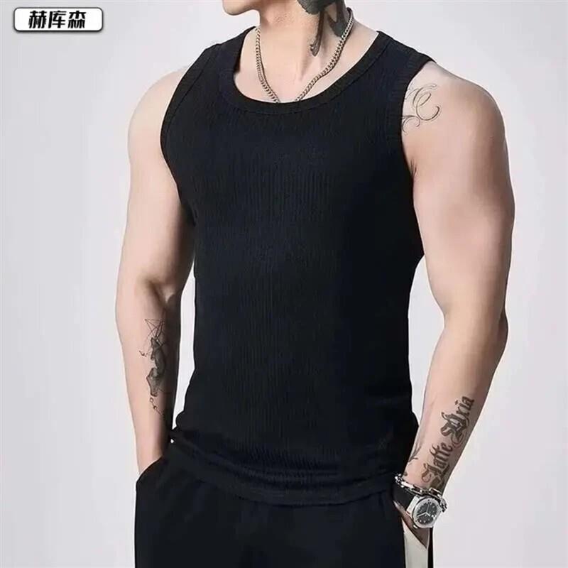 博彼夏季运动男冰丝螺纹凉感上衣修身显大健身工字健身背心BB