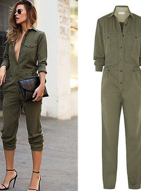 Jumpsuit Long Sleeve Army Green Solid Casual Cargo Pants