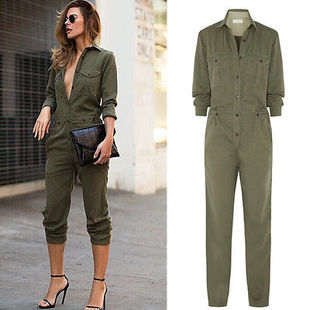 Jumpsuit Long Sleeve Army Green Solid Casual Cargo Pants