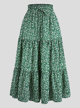 High waisted floral A-line layered skirt 高腰碎花A字半身裙女