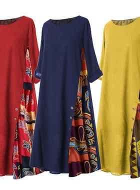 O Neck 3/4 Sleeve Side Buttons Printed Loose Long Dress