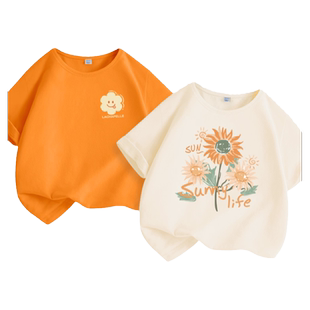 拉夏贝尔女童橙色短袖t恤夏季大童纯棉上衣儿童夏装半袖女孩体恤