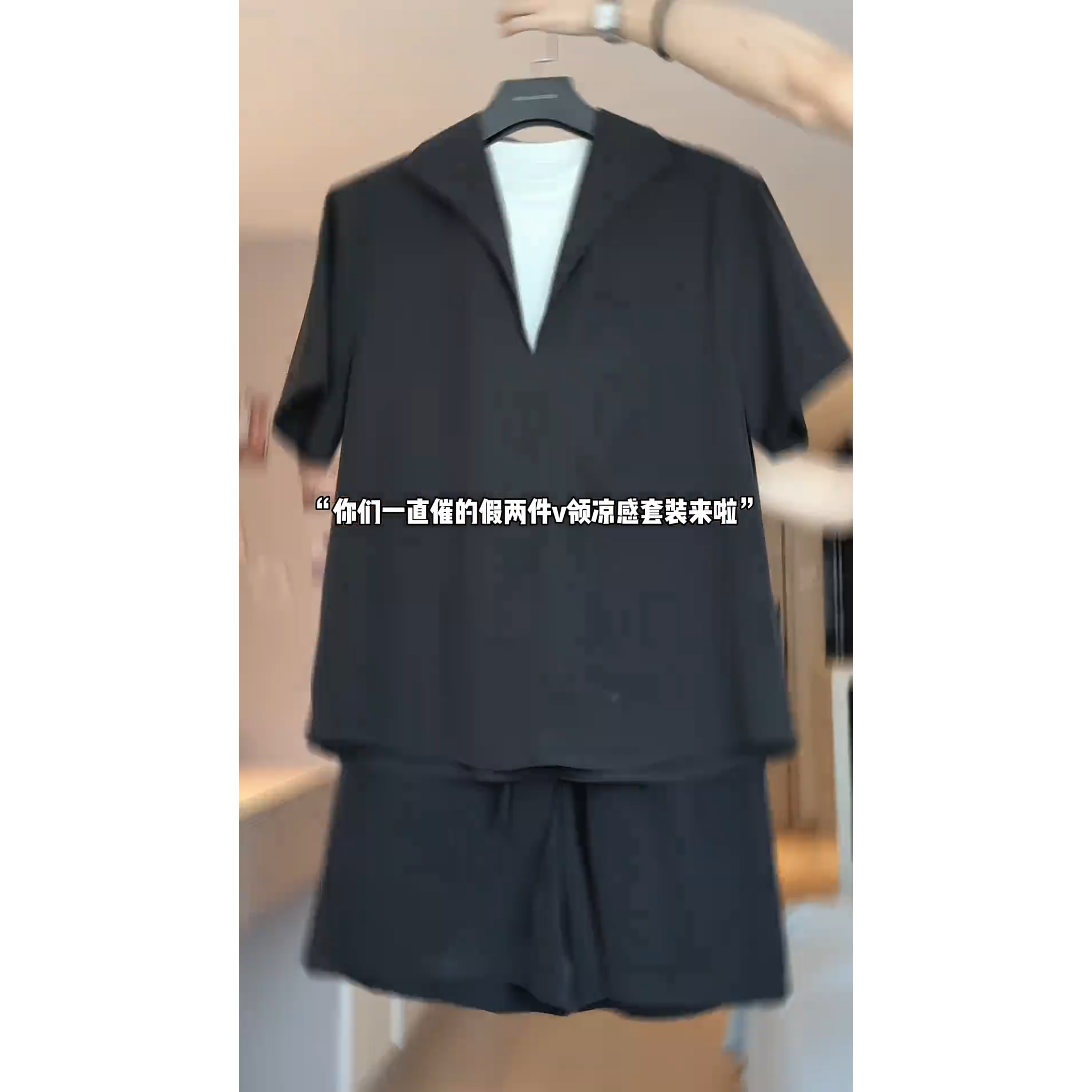 夏季新款男士时尚百搭假两件短袖衬衫短裤简约休闲运动套装K773