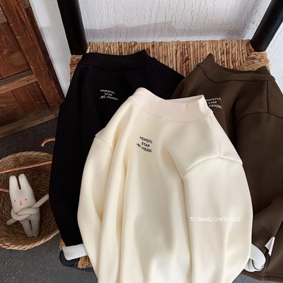 邦诚儿童加绒打底衫2025冬装男女童简约字母套头衫宝宝半高领内搭