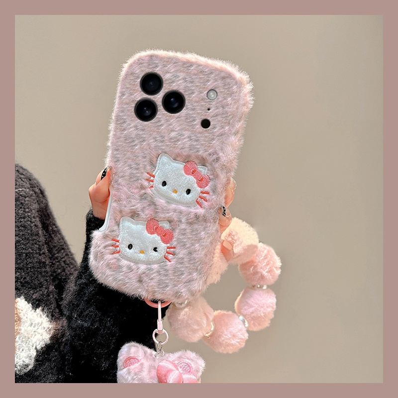 豹纹刺绣凯蒂猫适用苹果17promax手机壳华为pura80荣耀400pro小米17挂件vivos30毛绒opporeno14秋冬x300卡通p