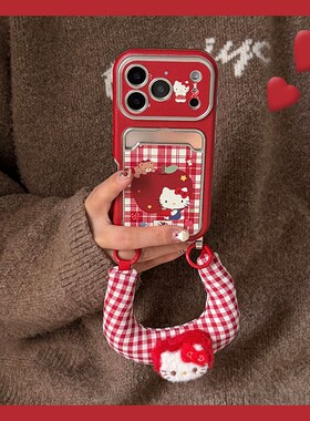 格纹苹果kt猫适用opporeno14手机壳reon13凯蒂猫12卡包11红色a58x新年a57仿皮真我q5i皮纹v23电镀0ppo卡套软p