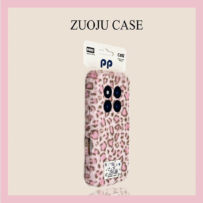 ins风豹纹kt猫适用小米红米note15pro+手机壳noto14贴纸13可爱12turbo+秋冬季11t毛绒10毛茸茸9绒布8立体7por