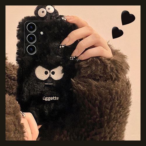 刺绣煤球适用三星s24plus手机壳s23+十s22黑色s21fe立体s20ultra可爱s10卡通s9毛绒绒s8硅胶note20galaxy秋冬