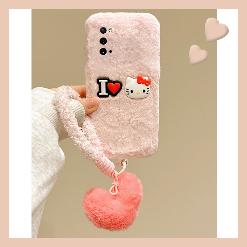 粉色刺绣爱心kt猫适用三星a90手机壳a80挂件a70s挂绳a50秋冬季a30毛绒a20毛茸茸a10软a52/a8s/galaxy/a53/f52