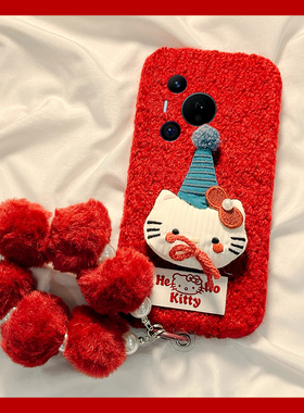 圣诞帽子kt猫适用华为pura80pro+手机壳pura70ultra毛球p60art挂链40por+十p30秋冬季p20毛绒p10plus卡通红色