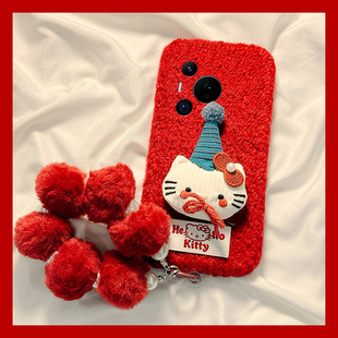 圣诞帽子kt猫适用华为pura80pro+手机壳pura70ultra毛球p60art挂链40por+十p30秋冬季p20毛绒p10plus卡通红色