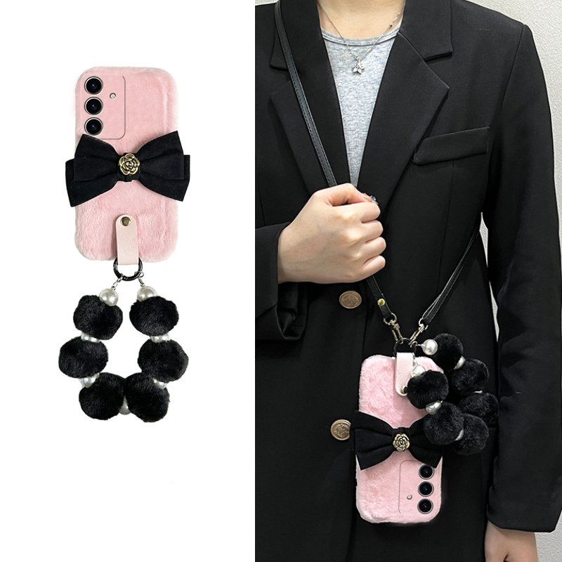 山茶花蝴蝶结适用三星s24plus手机壳s23+十s22毛球s21fe挂链s20ultra斜挎s10秋冬s9毛绒绒s8硅胶note20galaxy