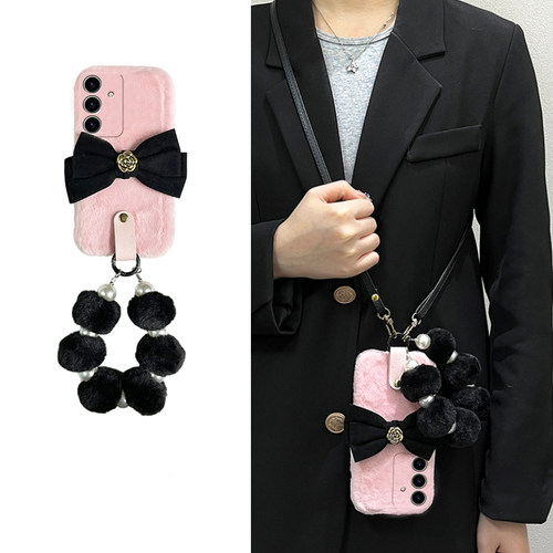 山茶花蝴蝶结适用三星s24plus手机壳s23+十s22毛球s21fe挂链s20ultra斜挎s10秋冬s9毛绒绒s8硅胶note20galaxy