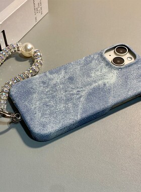 蓝色牛仔纹适用苹果17手机壳iPhone16promax简约15pro纯色14por闪片13亮片12带air挂链十七晕染ipone新款硅胶