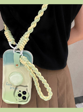 夏日渐变绿色适用苹果iphone15promax手机壳14plus支架13mini斜挎12波浪纹11硅胶x软壳xr8xsmax7/6s/se2小众3