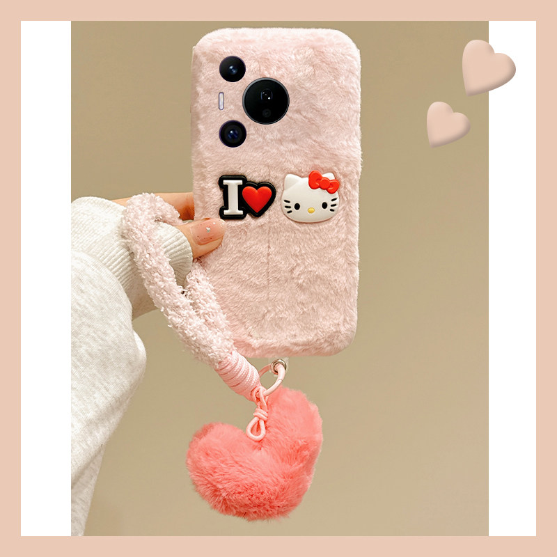 粉色刺绣爱心kt猫适用华为pura80pro+手机壳pura70ultra挂件p60art挂绳40por+十p30秋冬季p20毛绒p10plus卡通