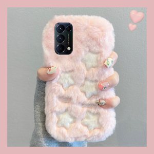 ins风毛绒绒刺绣星星适用opporeno4手机壳reno3pro毛茸茸3元气版5k卡通5+十5g粉色oppo个性创意秋冬季毛毛女
