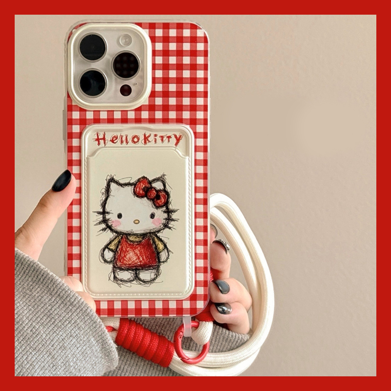 红色格子kt猫适用oppoa3pro手机壳a2x立体a1卡包a97卡套a96手提绳1a95/a93a91a72a58a57a52a32a11a9a31a8a5软