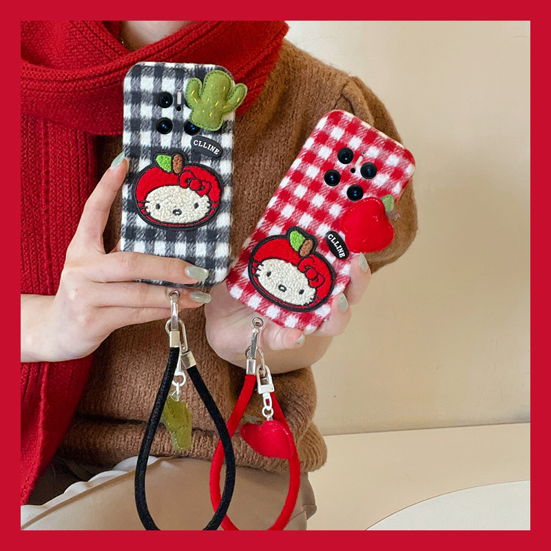 拼色格子苹果kt猫适用华为mate70pro+手机壳meta60仙人掌mata50e绒布rs保时捷设计mete40e十m30秋冬20x毛绒10