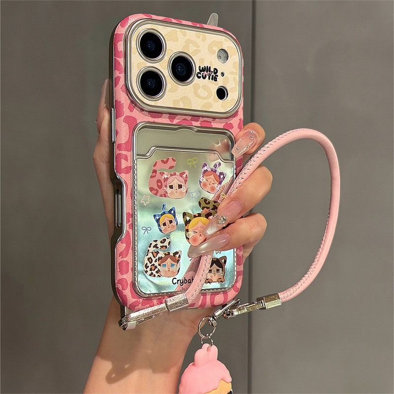 丑萌豹纹哭娃适用苹果17promax手机壳华为pura80荣耀x60i小米17promax卡包vivos30卡通opporeno14挂绳插卡软p