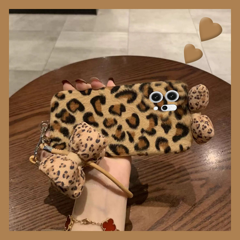 韩系豹纹蝴蝶结适用opporeno14手机壳reon13挂件12pro挂绳11秋冬季10por+十9毛绒7se毛茸茸5k日韩4se立体oppo