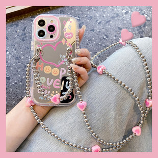 涂鸦爱心镜子适用opporeno11手机壳reno10pro镜面reon9por斜挎8可背7se手持6+硅胶5k软壳4韩系3元气版oppo女