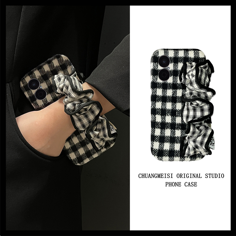 棋盘格褶皱腕带适用华为畅享70pro手机壳60x斜挎优畅享50plus可背20se秋冬0e畅想z毛绒9e毛茸茸5g麦芒9简约2