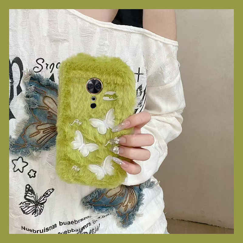 ins风绿色蝴蝶适用美图m8机壳m8s刺绣t8保暖t8s秋冬季t9毛绒v6毛茸茸硅胶全包防摔冬天新款暖手毛毛小众软壳
