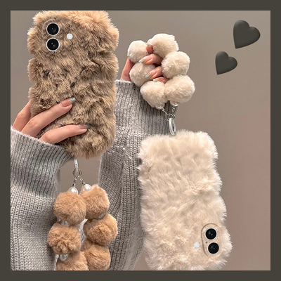 简约波浪纹适用苹果iPhone16promax手机壳15plus毛球14挂链13mini迷你1211日韩毛绒xr8秋冬7xsmax6硅胶5s/se3