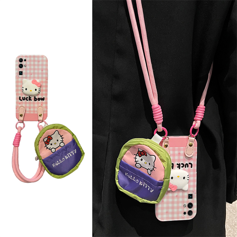 粉色格纹kt猫适用华为荣耀30pro+手机壳v30立体畅玩30plus零钱包30s卡通x20se可爱10青春版9x可背honor斜挎软