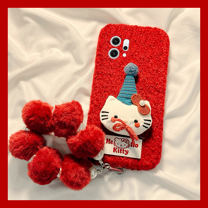 圣诞帽子kt猫适用opporeno15手机壳reon14毛球13挂链12pro秋冬11毛绒10por+毛茸茸9卡通7se可爱5k/4se/oppo软