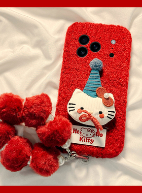 圣诞帽子kt猫适用苹果17promax手机壳华为pura80荣耀500pro小米17挂链vivos30毛绒opporeno15秋冬季x300卡通p