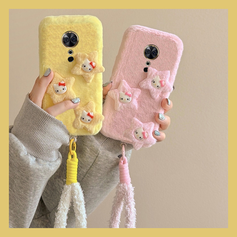 呆萌星星kt猫适用美图m8机壳m8s立体t8尼龙绳t8s秋冬季t9毛绒v6毛茸茸硅胶全包防摔卡通新款暖手凯蒂猫可爱软