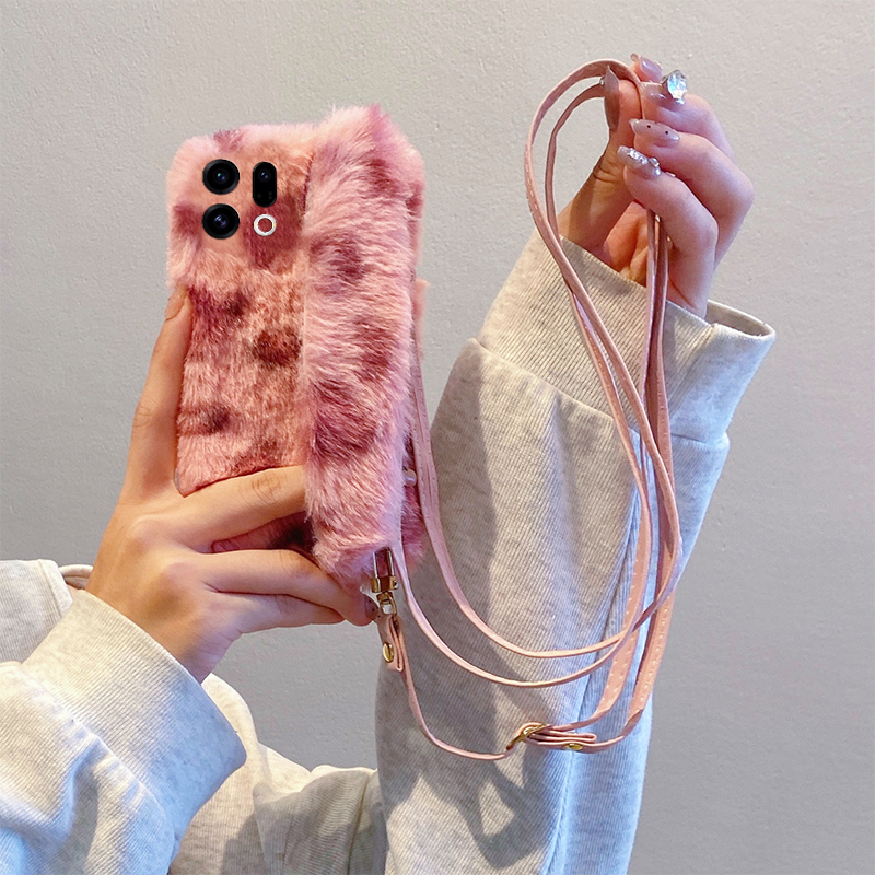 ins风粉色豹纹腕带适用oppofindx9plus手机壳fondx8斜挎x50pro挂绳k12x秋冬x7毛绒x6por软ultra/x5/x3/realme