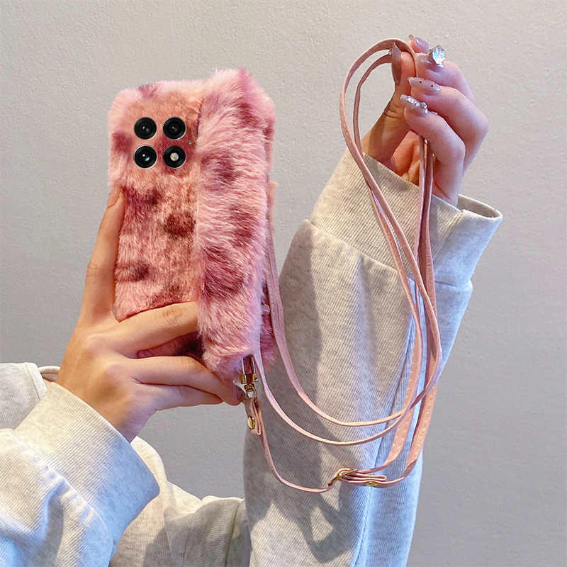 ins风粉色豹纹腕带适用oppo一加12手机壳ace3斜挎2pro可背2v秋冬季1毛绒9rt毛茸茸8t挂绳7tpro软6t/1+oneplus
