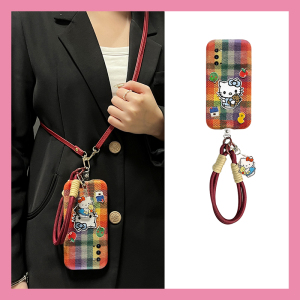 彩色格子凯蒂猫适用三星a90手机壳a80斜挎a70s可背带a50秋冬季a30毛绒a20毛茸茸a10软a52/a8s/galaxy/a53/f52