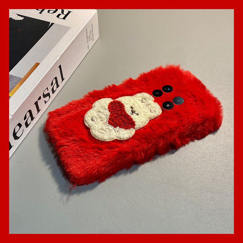 手机壳秋冬毛绒新年红色卡通刺绣