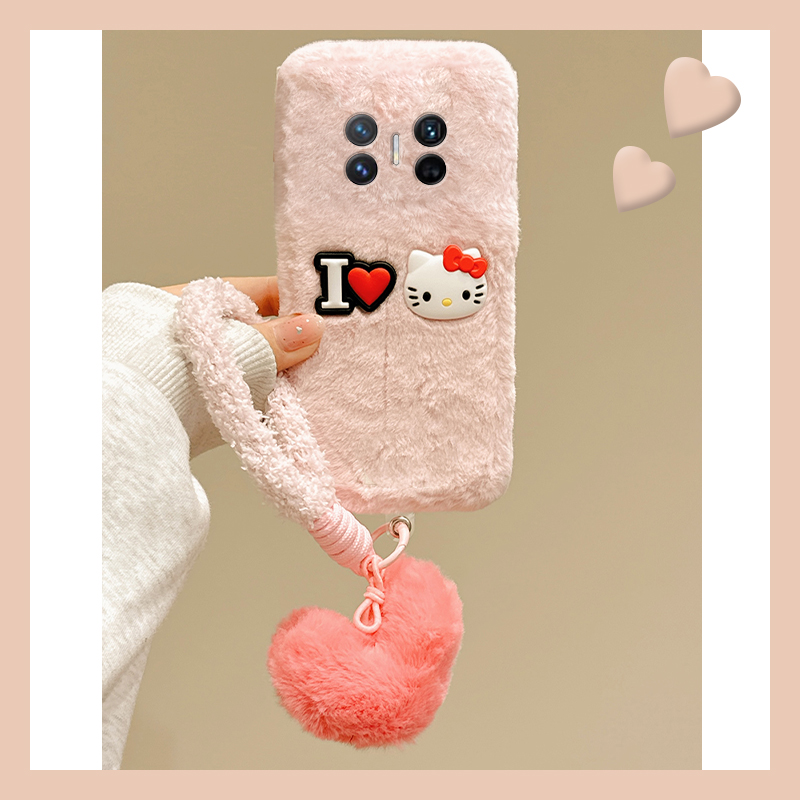 粉色刺绣爱心kt猫适用华为magicv3手机壳magicvs2挂件p50挂绳pockets秋冬季matexs2毛绒x5折叠屏x3卡通ocket2