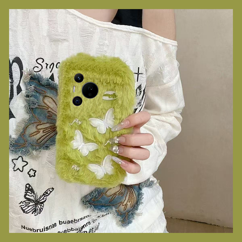 ins风绿色蝴蝶适用华为pura80pro+手机壳pura70ultra刺绣p60art保暖40por+十p30秋冬季p20毛绒p10plus硅胶软p