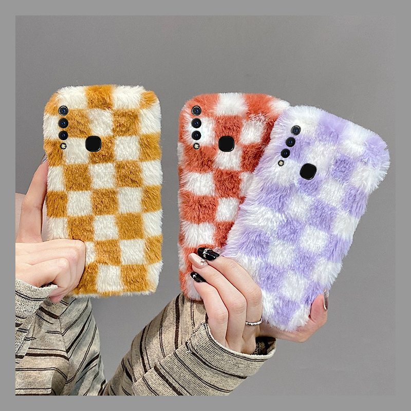 ins风撞色棋盘格适用vivoy9s手机壳y7s格子y5s保暖y3秋冬季u3x新款z6简约z5x暖手z3i毛绒z1i毛茸茸y9s软vivo