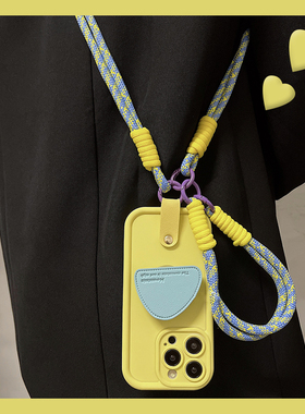 几何半圆支架适用苹果16plus手机壳15promax立体14挂绳13日韩12斜挎11可背带8xsmax韩系7xr黄色se2硅胶3斜跨p