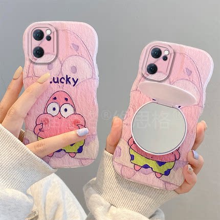 可爱派大星适用opporeno6手机壳reno7pro波浪边5k超萌se卡通5g带镜子por镜面oppo硅胶0ppo软壳0pp0趣味opp0女