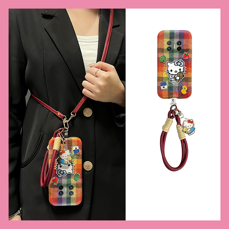 彩色格子凯蒂猫适用华为magicv3手机壳magicvs2斜挎p50可背带pockets秋冬季matexs2毛绒x5折叠屏x3卡通ocket2