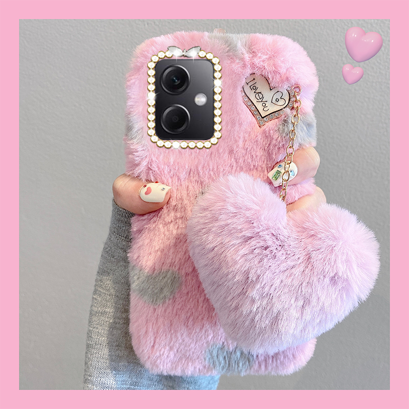 毛绒绒毛茸茸粉色爱心挂件手机壳