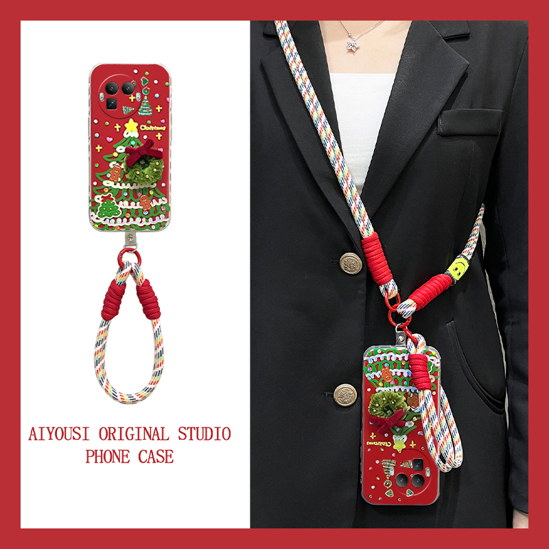 ins风红色圣诞树适用oppo真我gt8手机壳13pro至尊版12por+毛绒11秋冬gt7斜挎gtneo6se软neo5十v25/v15/q5/q3s