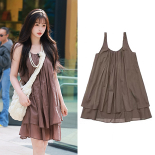 虞书欣明星同款咖啡色吊带连衣裙女两面穿背心裙小众a字短裙子夏