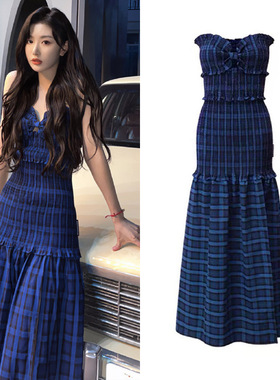 孔雪儿同款克莱因蓝色格子抹胸连衣裙女收腰开叉长裙辣妹格纹礼服
