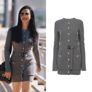 徐睿知姚晨同款灰色针织连衣裙女气质修身短裙长袖内搭裙长款开衫